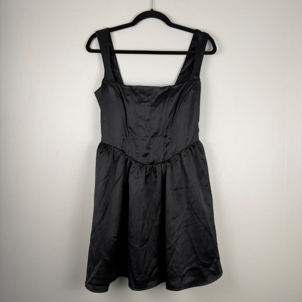 Wild Fable Corset Mini Skater Dress Women's M Black Satin Square Neck Sleeveless